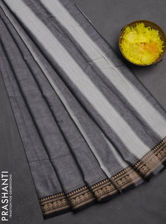Narayanpet cotton saree grey and black with plain body and temple design thraed woven border