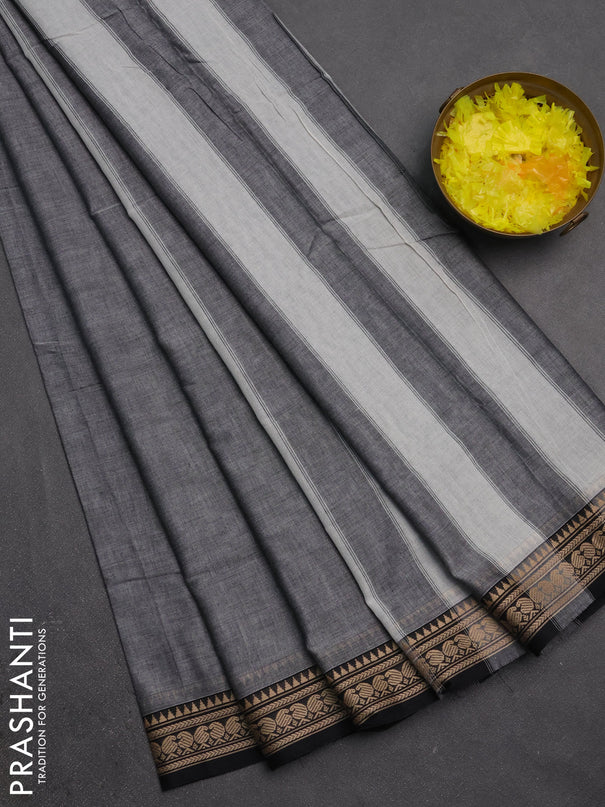 Narayanpet cotton saree grey and black with plain body and temple design thraed woven border