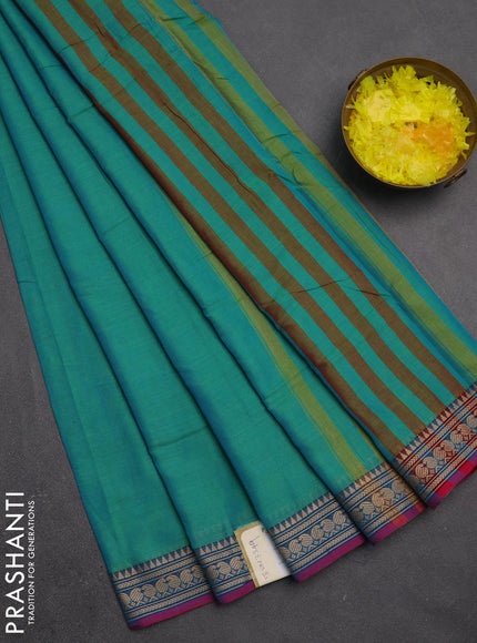 Narayanpet cotton saree teal green and pink with plain body and temple design thraed woven border