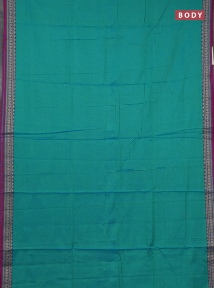 Narayanpet cotton saree teal green and pink with plain body and temple design thraed woven border