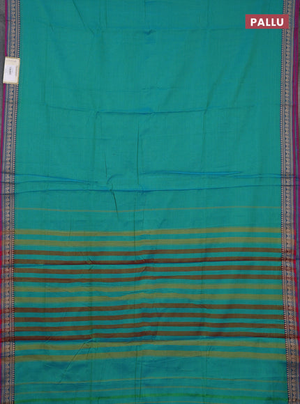 Narayanpet cotton saree teal green and pink with plain body and temple design thraed woven border