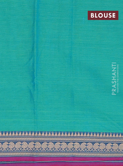 Narayanpet cotton saree teal green and pink with plain body and temple design thraed woven border