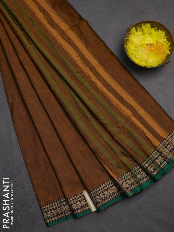 Narayanpet cotton saree dark mustard and green with plain body and temple design thraed woven border