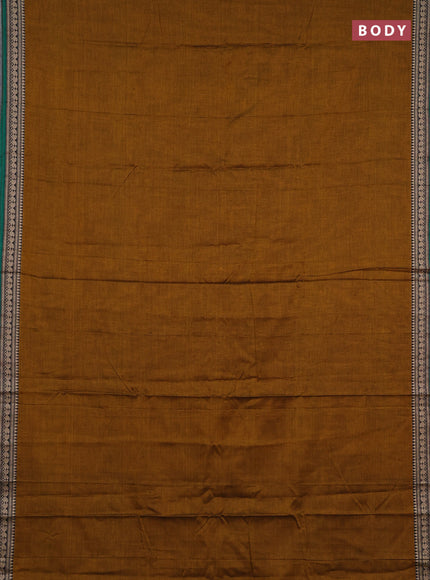 Narayanpet cotton saree dark mustard and green with plain body and temple design thraed woven border