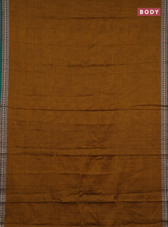 Narayanpet cotton saree dark mustard and green with plain body and temple design thraed woven border
