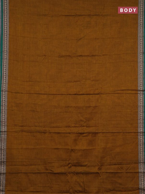 Narayanpet cotton saree dark mustard and green with plain body and temple design thraed woven border