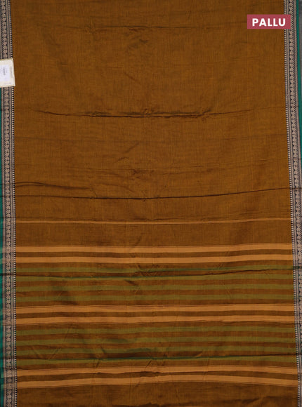 Narayanpet cotton saree dark mustard and green with plain body and temple design thraed woven border