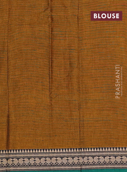 Narayanpet cotton saree dark mustard and green with plain body and temple design thraed woven border