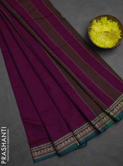 Narayanpet cotton saree magenta pink and green with plain body and temple design thraed woven border