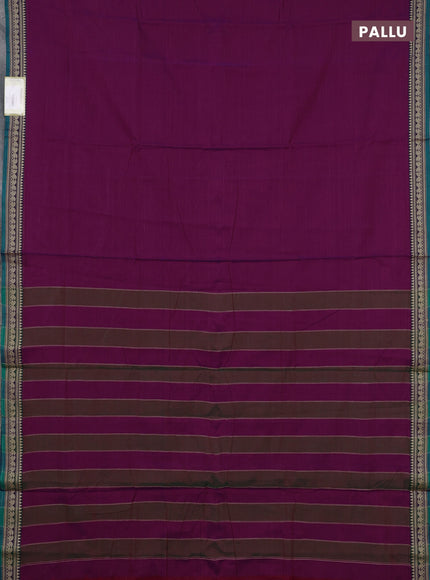 Narayanpet cotton saree magenta pink and green with plain body and temple design thraed woven border