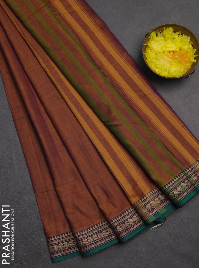 Narayanpet cotton saree mustard yellow and green with plain body and temple design thraed woven border