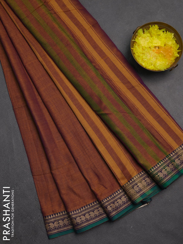 Narayanpet cotton saree mustard yellow and green with plain body and temple design thraed woven border