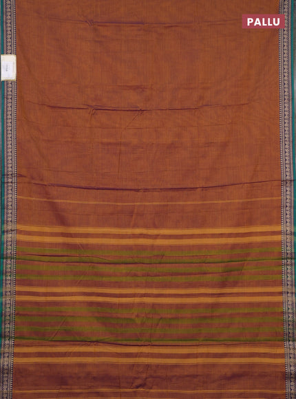Narayanpet cotton saree mustard yellow and green with plain body and temple design thraed woven border