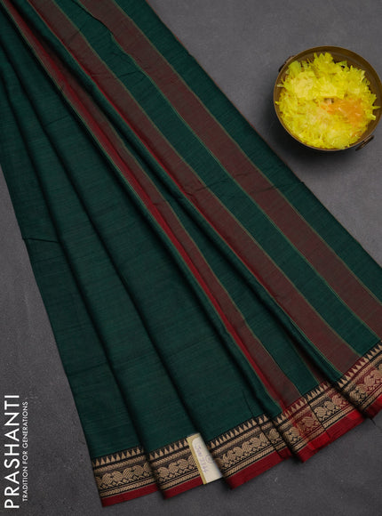 Narayanpet cotton saree dark green and maroon with plain body and temple design thraed woven border