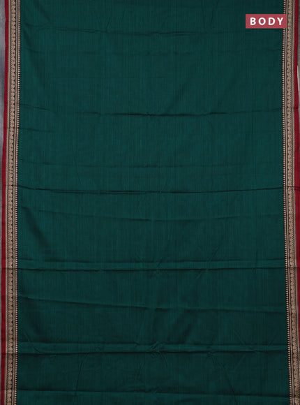 Narayanpet cotton saree dark green and maroon with plain body and temple design thraed woven border