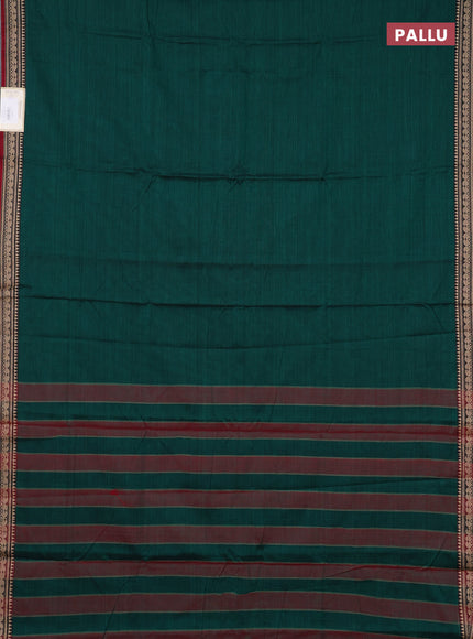 Narayanpet cotton saree dark green and maroon with plain body and temple design thraed woven border