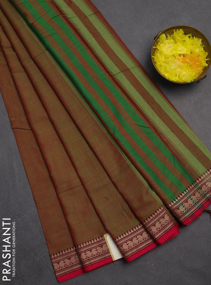 Narayanpet cotton saree manthulier green and pink with plain body and temple design thraed woven border