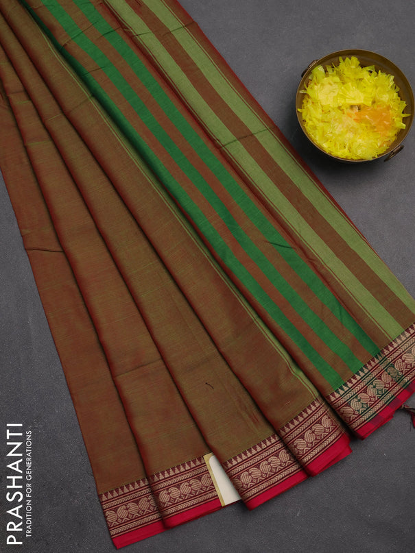 Narayanpet cotton saree manthulier green and pink with plain body and temple design thraed woven border