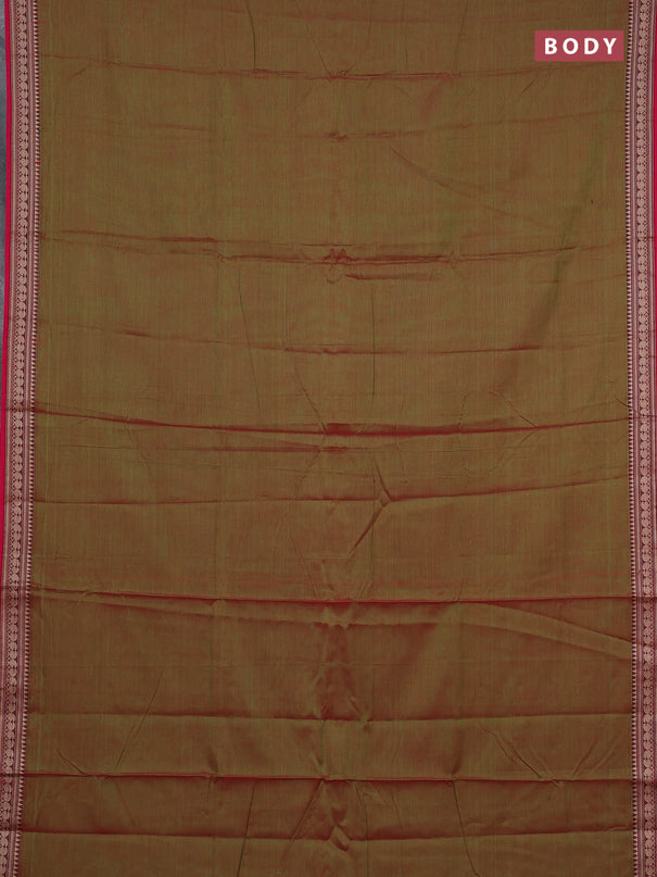 Narayanpet cotton saree manthulier green and pink with plain body and temple design thraed woven border