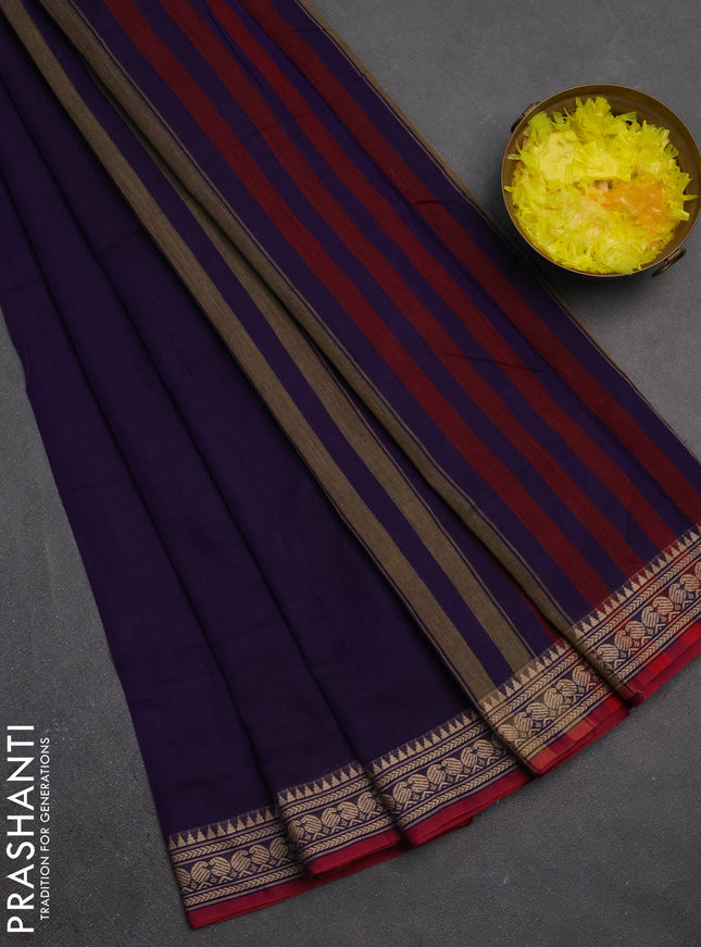 Narayanpet cotton saree violet and maroon with plain body and temple design thraed woven border