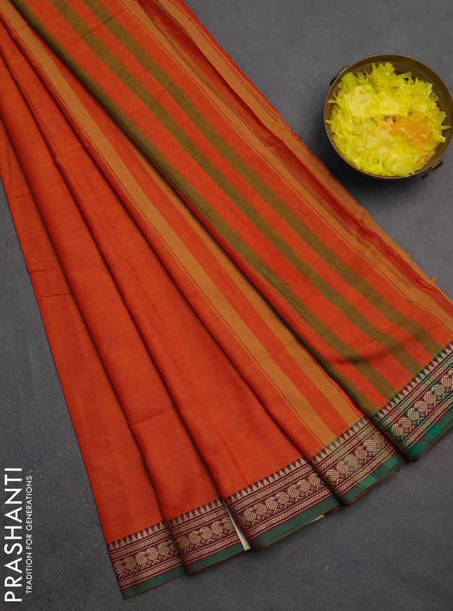 Narayanpet cotton saree orange and green with plain body and temple design thraed woven border