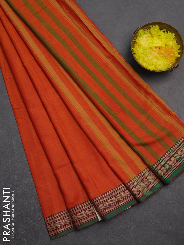 Narayanpet cotton saree orange and green with plain body and temple design thraed woven border