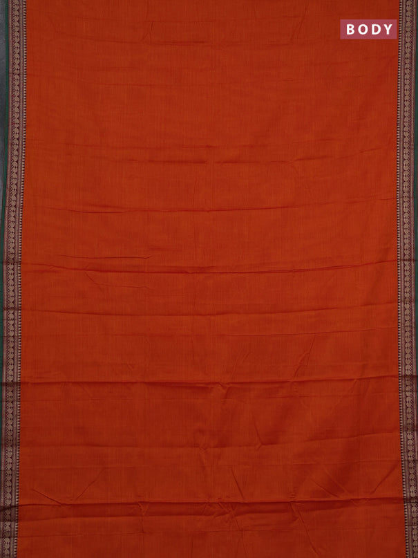 Narayanpet cotton saree orange and green with plain body and temple design thraed woven border
