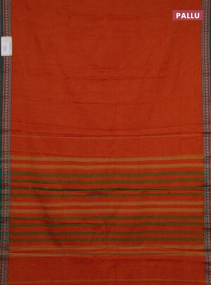 Narayanpet cotton saree orange and green with plain body and temple design thraed woven border