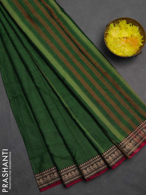 Narayanpet cotton saree light green and magenta pink with plain body and temple design zari woven border