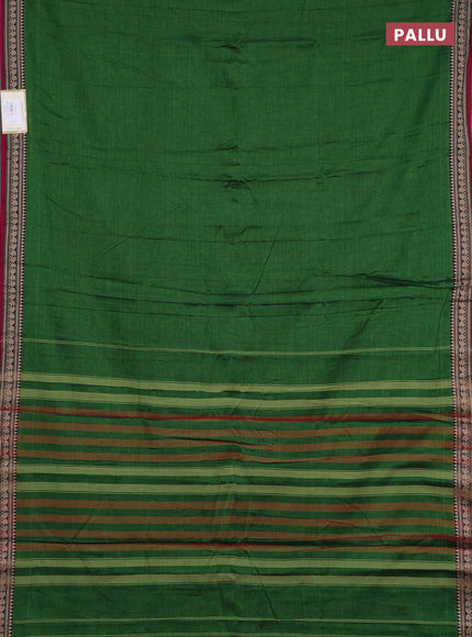 Narayanpet cotton saree light green and magenta pink with plain body and temple design zari woven border