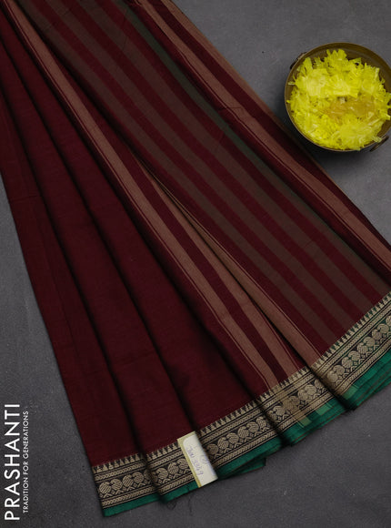 Narayanpet cotton saree deep maroon and green with plain body and temple design zari woven border