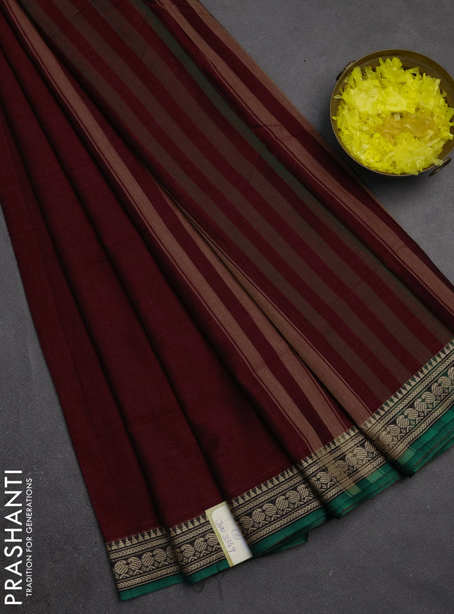 Narayanpet cotton saree deep maroon and green with plain body and temple design zari woven border