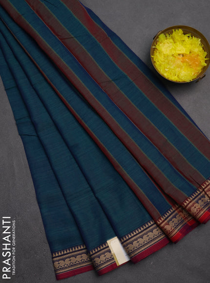Narayanpet cotton saree dual shade of bluish green and magenta pink with plain body and temple design zari woven border