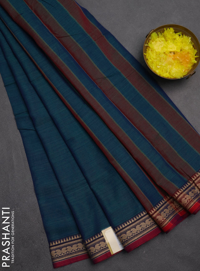Narayanpet cotton saree dual shade of bluish green and magenta pink with plain body and temple design zari woven border