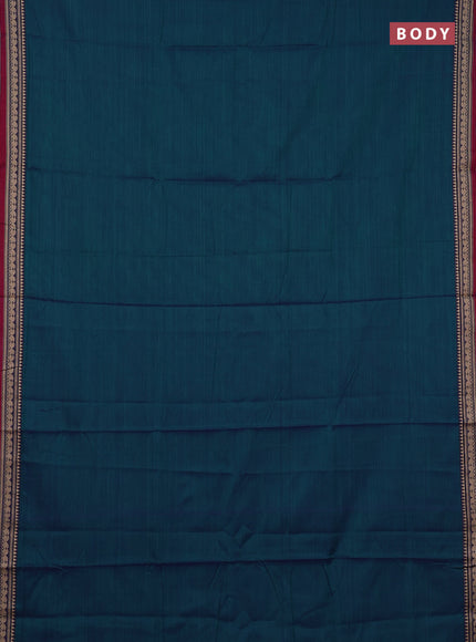 Narayanpet cotton saree dual shade of bluish green and magenta pink with plain body and temple design zari woven border