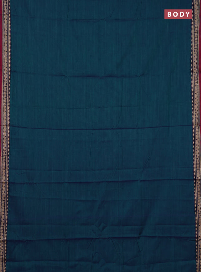 Narayanpet cotton saree dual shade of bluish green and magenta pink with plain body and temple design zari woven border