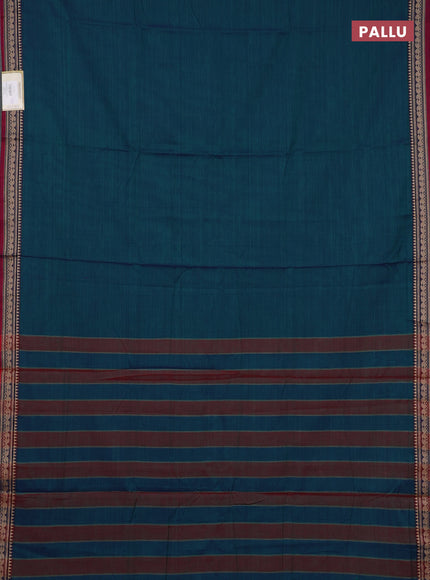 Narayanpet cotton saree dual shade of bluish green and magenta pink with plain body and temple design zari woven border
