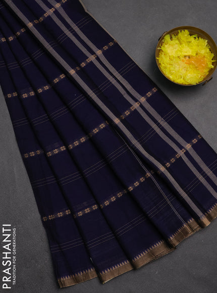 Narayanpet cotton saree navy blue and dark beige with allover thread stripe pattern and temple design simple border