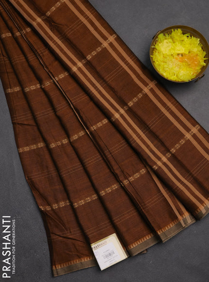Narayanpet cotton saree dark mustard and dark beige with allover thread stripe pattern and temple design simple border