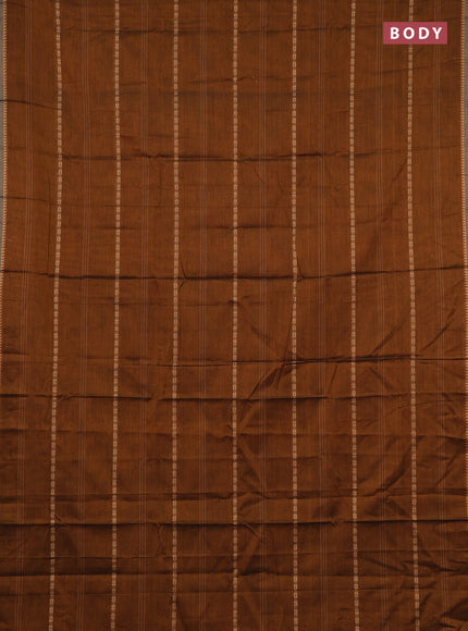 Narayanpet cotton saree dark mustard and dark beige with allover thread stripe pattern and temple design simple border
