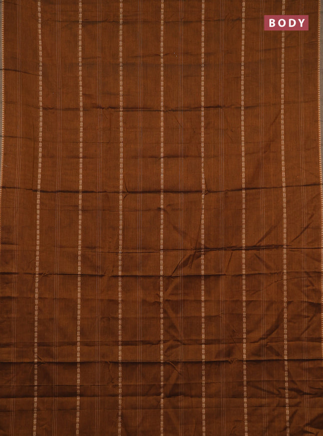 Narayanpet cotton saree dark mustard and dark beige with allover thread stripe pattern and temple design simple border