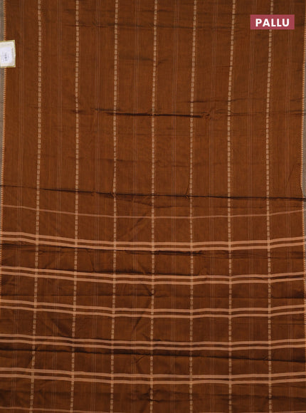 Narayanpet cotton saree dark mustard and dark beige with allover thread stripe pattern and temple design simple border