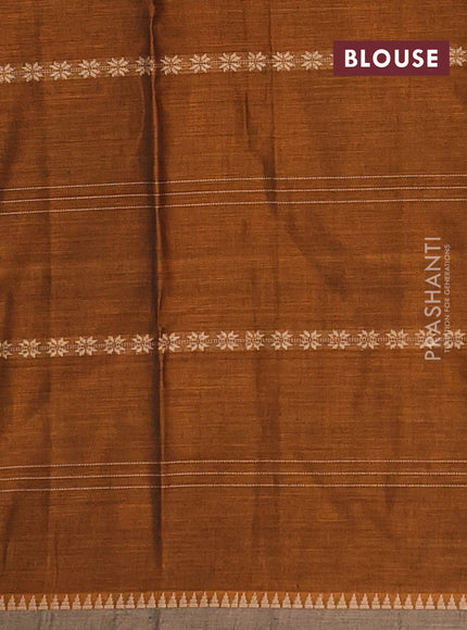 Narayanpet cotton saree dark mustard and dark beige with allover thread stripe pattern and temple design simple border