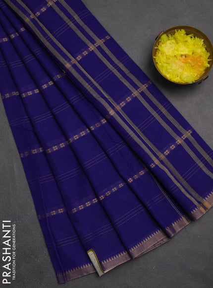 Narayanpet cotton saree navy blue and beige with allover thread stripe pattern and temple design simple border