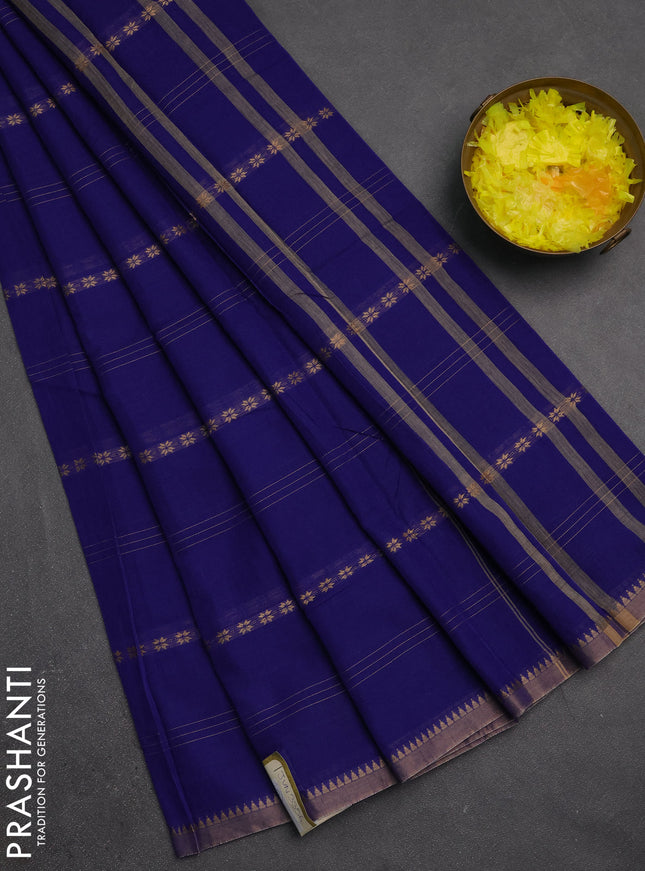 Narayanpet cotton saree navy blue and beige with allover thread stripe pattern and temple design simple border