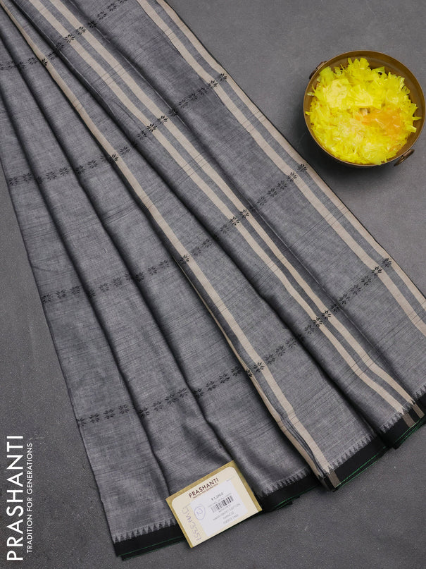 Narayanpet cotton saree grey and black with allover thread stripe pattern and temple design simple border