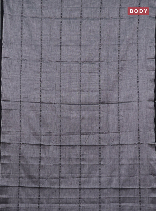 Narayanpet cotton saree grey and black with allover thread stripe pattern and temple design simple border
