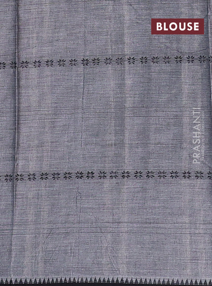 Narayanpet cotton saree grey and black with allover thread stripe pattern and temple design simple border