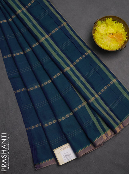 Narayanpet cotton saree dual shade of bluish green and beige with allover thread stripe pattern and temple design simple border
