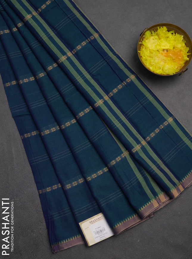 Narayanpet cotton saree dual shade of bluish green and beige with allover thread stripe pattern and temple design simple border